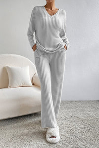 Ribbed Knit V Neck Slouchy Two-piece Outfit