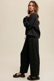 V-neck Sweatshirt and Pants Set in Black