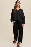 V-neck Sweatshirt and Pants Set in Black