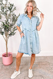 Ruffled Short Sleeve Buttoned Denim Dress