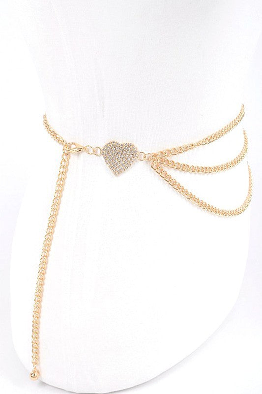 Rhinestone Heart Charm Layer Chain Belt