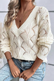 Hollow Out Knit V Neck Drop Shoulder Sweater