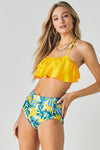 Solid Ruffle Top And Printed Bottom Swimsuit