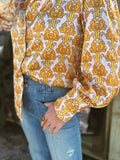 Streets Of Gold Golden Yellow Tulip Flower Pouf Sleeve Button Up Blouse