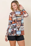 Western Semi Sheer Mesh Long Sleeve Top