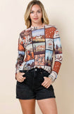 Western Semi Sheer Mesh Long Sleeve Top