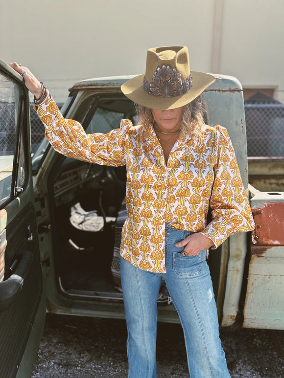 Streets Of Gold Golden Yellow Tulip Flower Pouf Sleeve Button Up Blouse