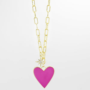 Enamel Heart/Star Necklace Hot Pink J5