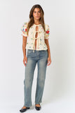 Front Tie Colorful Embroidered Short Sleeve Top