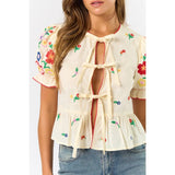 Front Tie Colorful Embroidered Short Sleeve Top