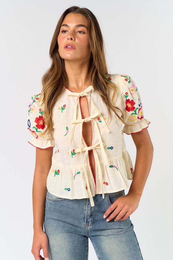 Front Tie Colorful Embroidered Short Sleeve Top