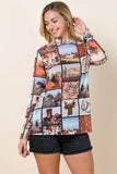 Western Print Semi Sheer Long Sleeve Mock Neck Mesh Top