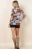 Western Print Semi Sheer Long Sleeve Mock Neck Mesh Top