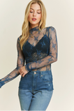 Lux Layering Floral Lace See Through Mesh Top Blouse w/ Thumb Holes