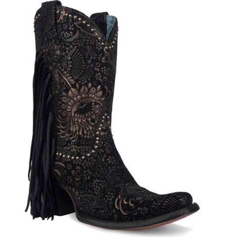 Corral Black Gold Stamped Floral Suede and Studs with Fringe