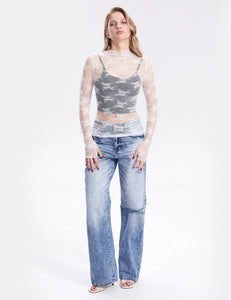 Lux Layering Floral Lace See Through Mesh Top Blouse w/ Thumb Holes